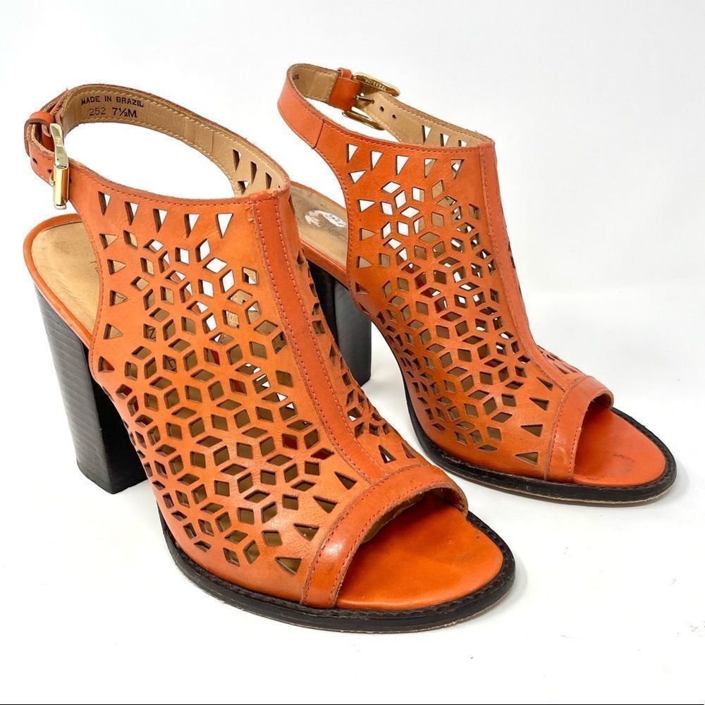Rebecca Minkoff Laser Cut Peep Toe Orange Leather Block Heel Sandals Size 7.5 - Picture 2 of 9